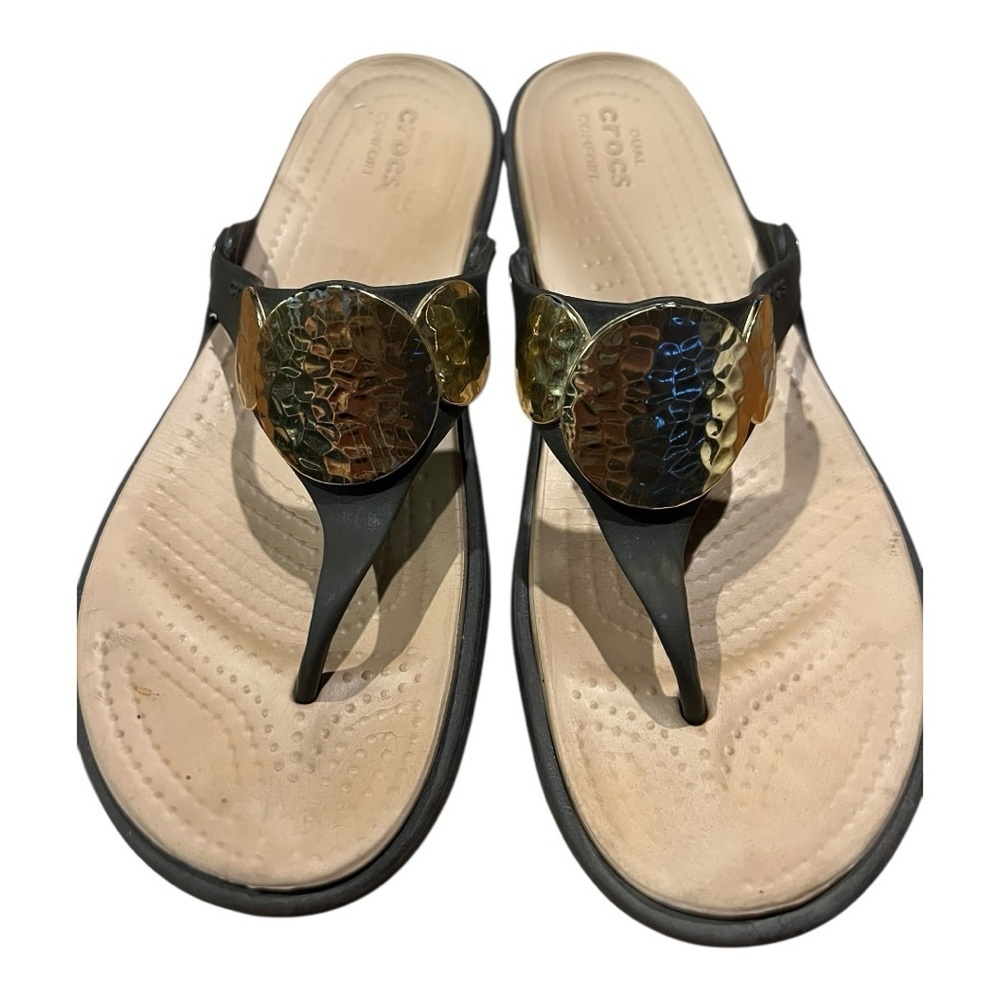 CROCS Black Sandals with Gold Accents - Size 10